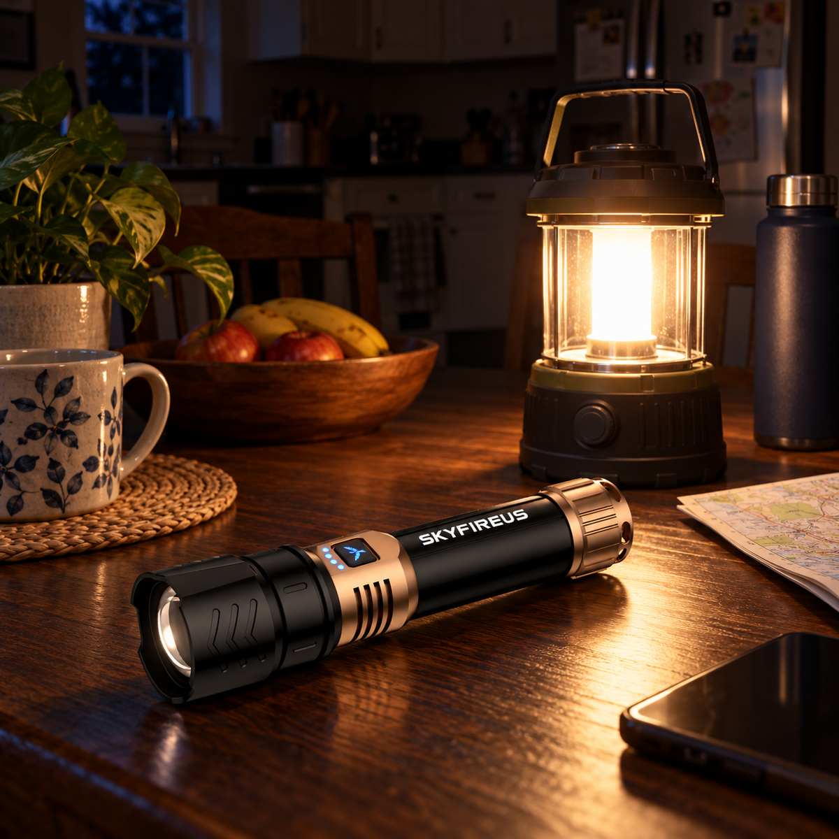 A camping light and SkyFire 1097 flashlight on a kitchen table during a power outage