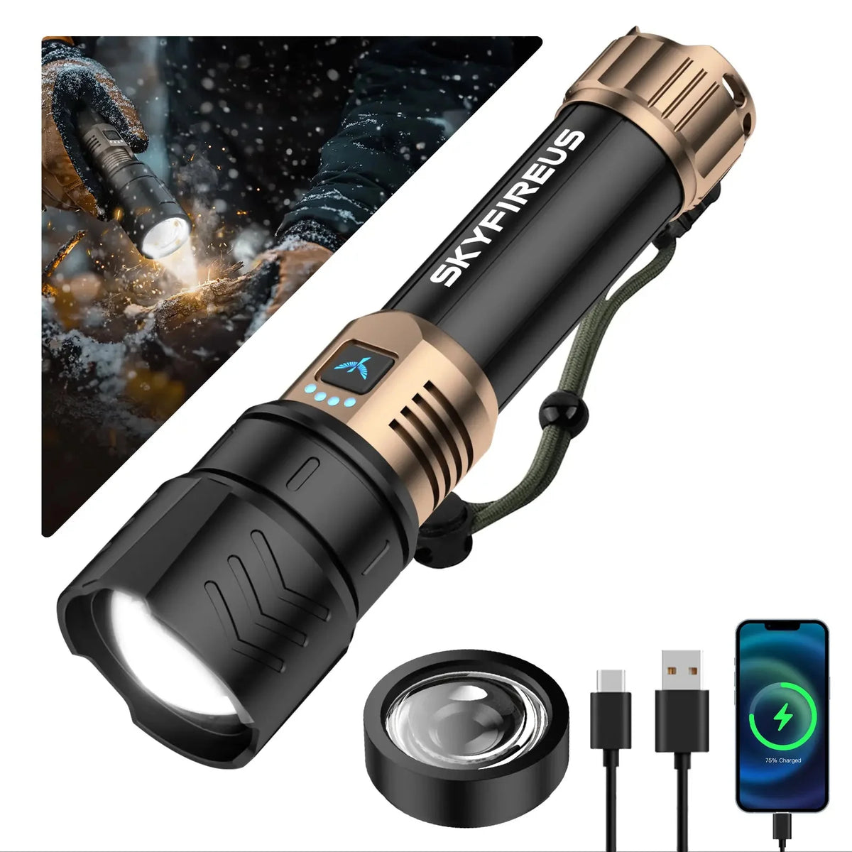 SkyFire 1097 flashlight with removable focusing lens, charging cable and outdoor use inset#Color_Goldblack#Color_GoldBlack