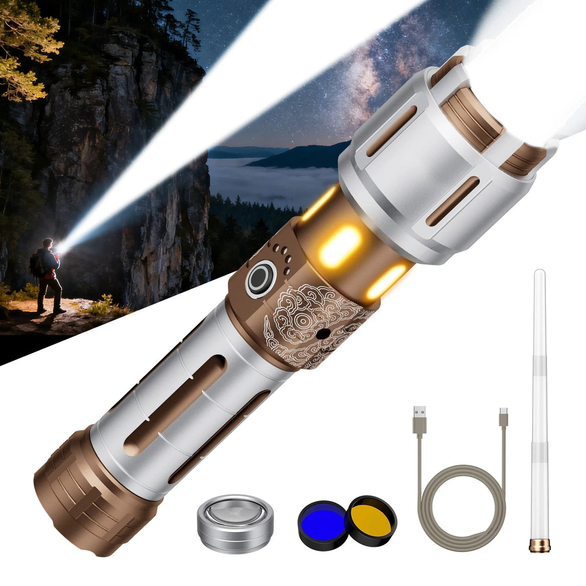 SKYFIRE 2503 2100-lumen rechargeable LED flashlight with adjustable focus and built-in camping light#Color_white