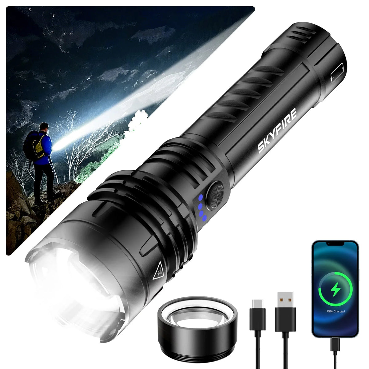 SkyFire 1376 flashlight with charging cable, focusing lens and phone charging illustration