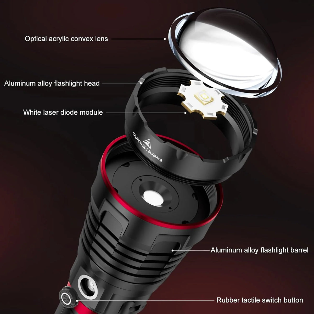 Exploded view of the SKYFIRE 1209 Pro flashlight head and lens assembly