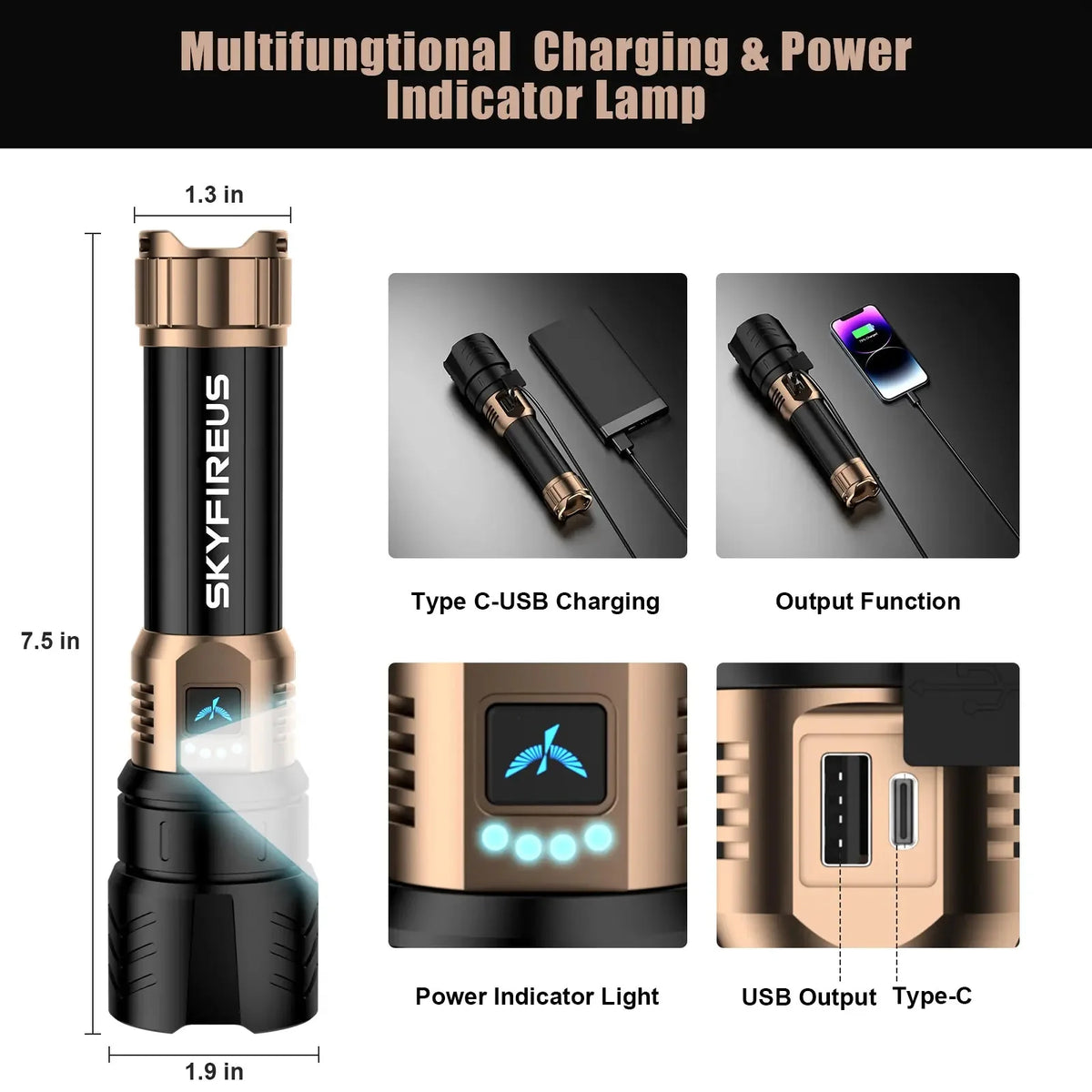 SkyFire 1097 flashlight diagram showing dimensions, charging port and battery indicator