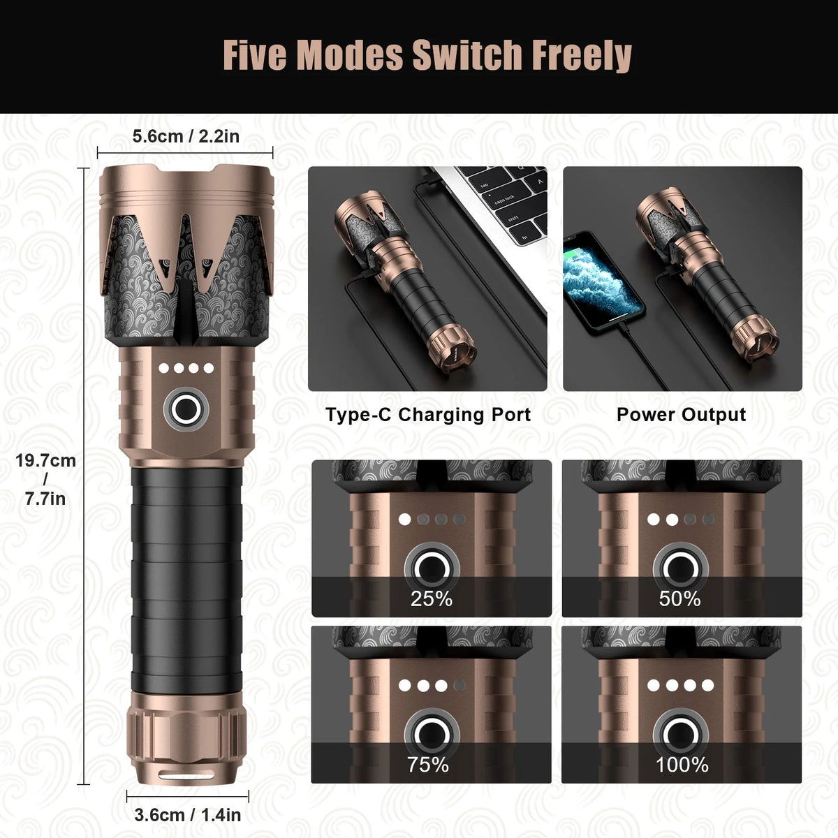 2000J flashlight dimensions, battery indicator and power bank function