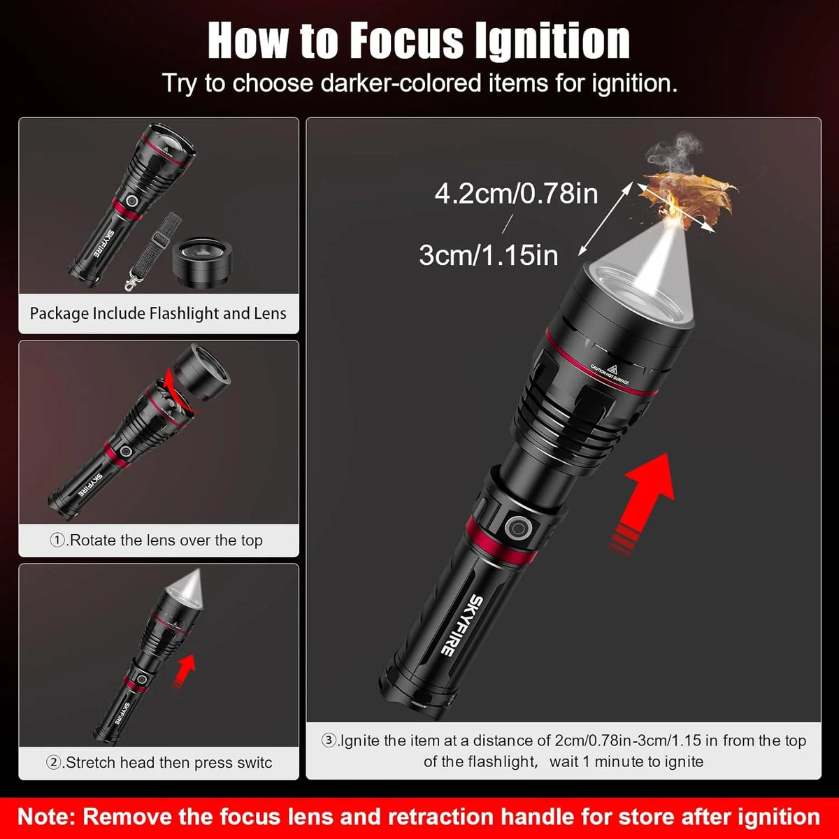 SkyFire 1209 Pro flashlight focus lens attachment and ignition safety instructions