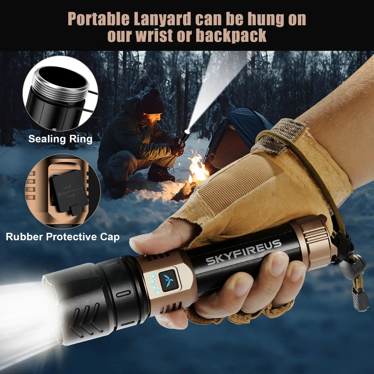 SkyFire 1097 flashlight with wrist lanyard attached to outdoor gear and a backpack