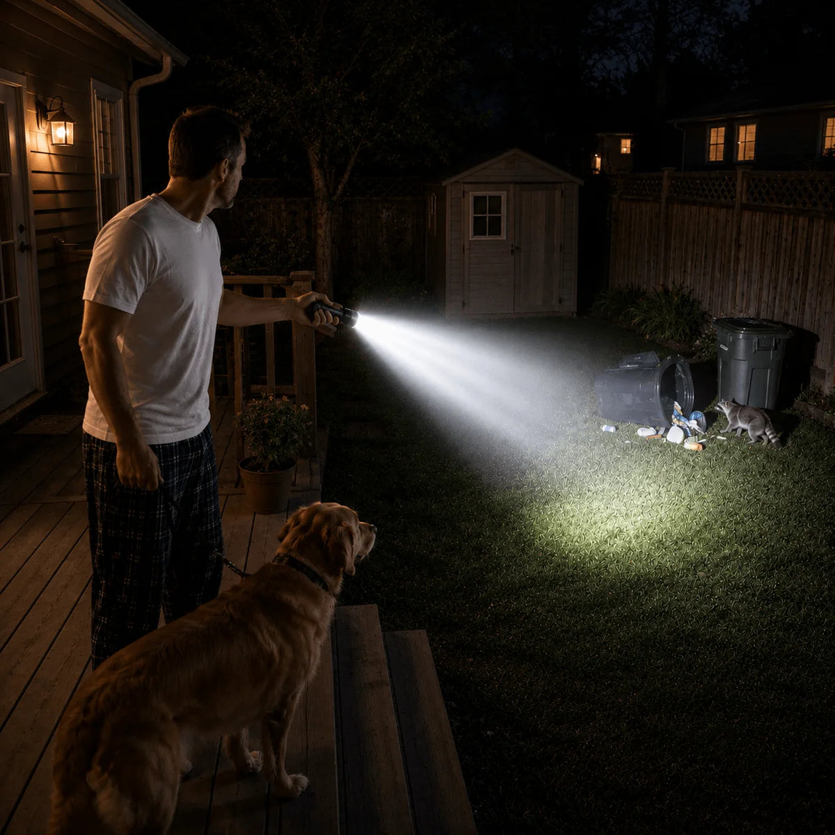 Man using a SkyFire 1097 flashlight to check a suburban backyard at night with his dog
