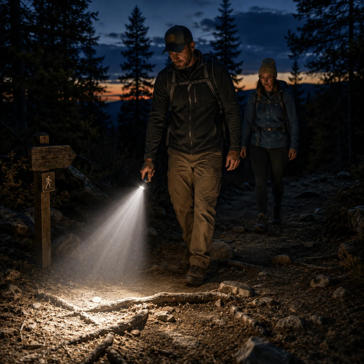 Hikers using a SkyFire 1097 flashlight to illuminate rocks and roots on a trail after dark