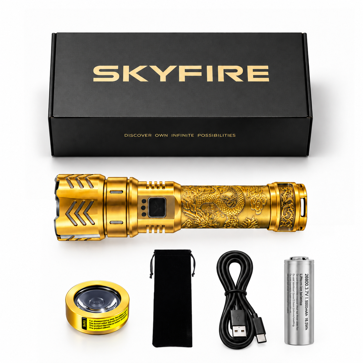 SkyFire 1097 rechargeable flashlight in black and bronze on a white background #Color_Gold
