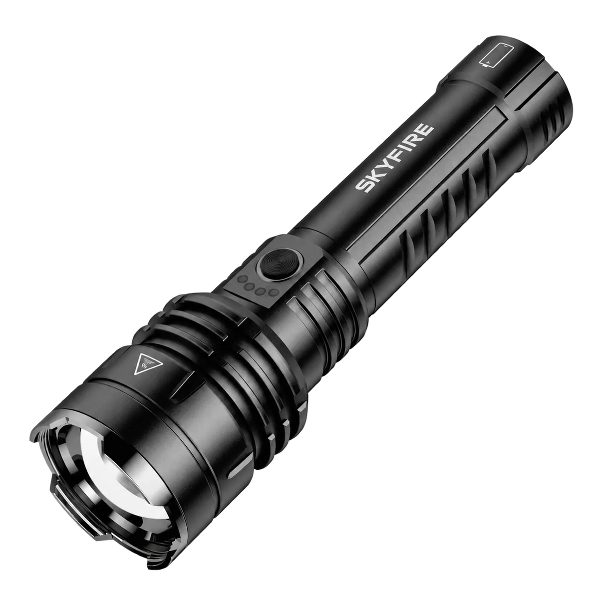 SkyFire 1376 flashlight with charging cable, focusing lens and phone charging illustration#Color_Black