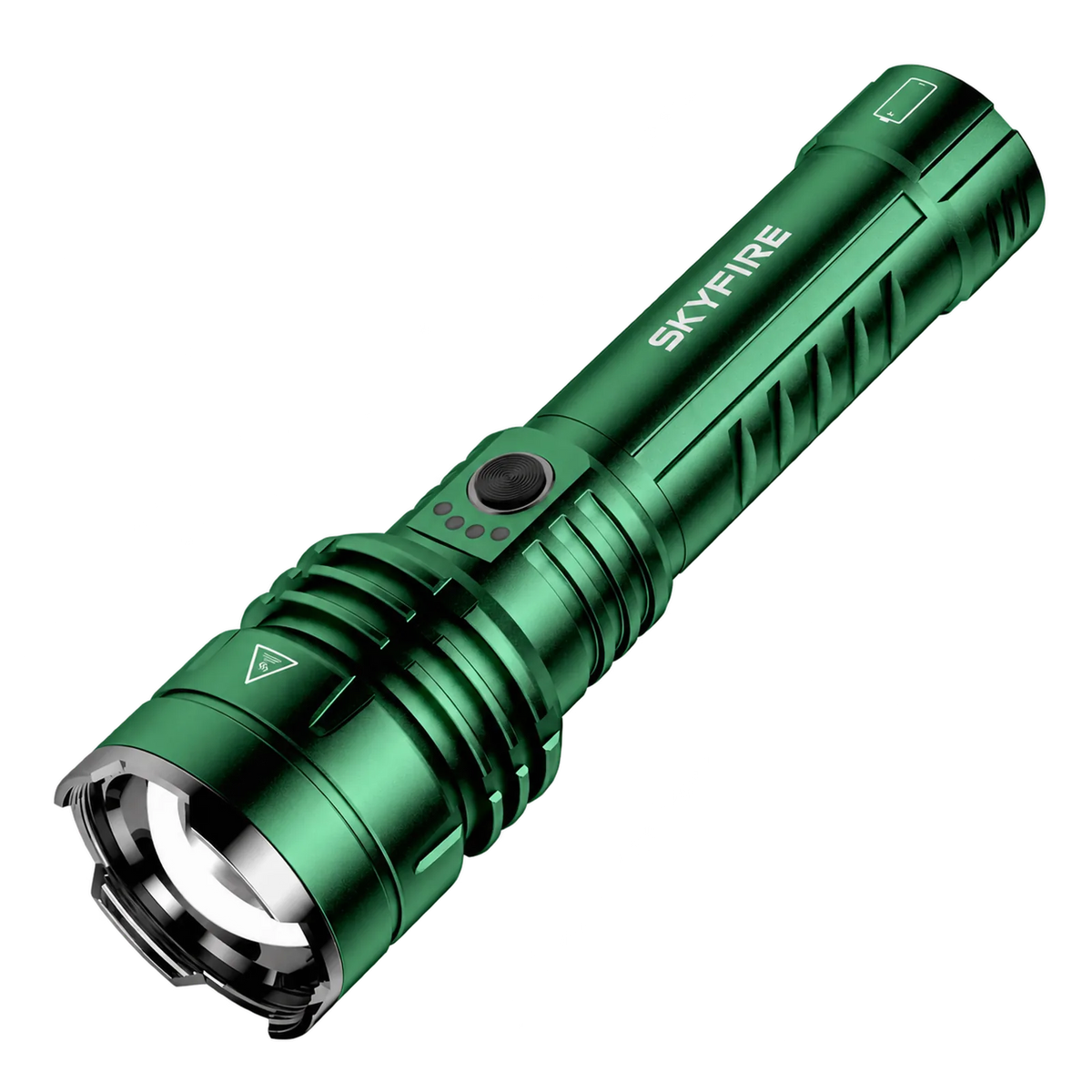 SkyFire 1376 flashlight with charging cable, focusing lens and phone charging illustration#Color_Green #Bundle_Single_Battery