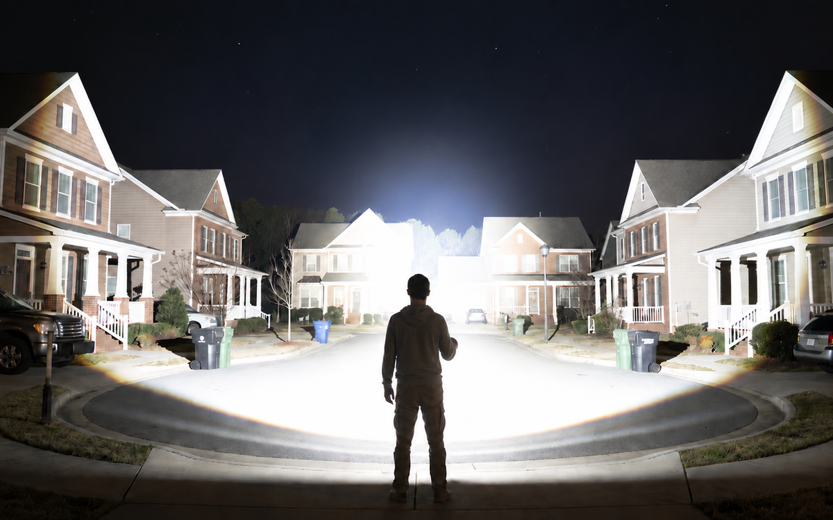Man using a bright flashlight flood beam to illuminate a residential street at night