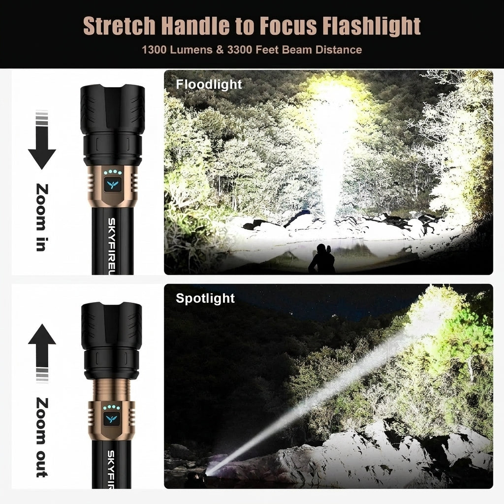 SkyFire 1097 adjustable-focus flashlight with wide floodlight and focused spotlight comparison