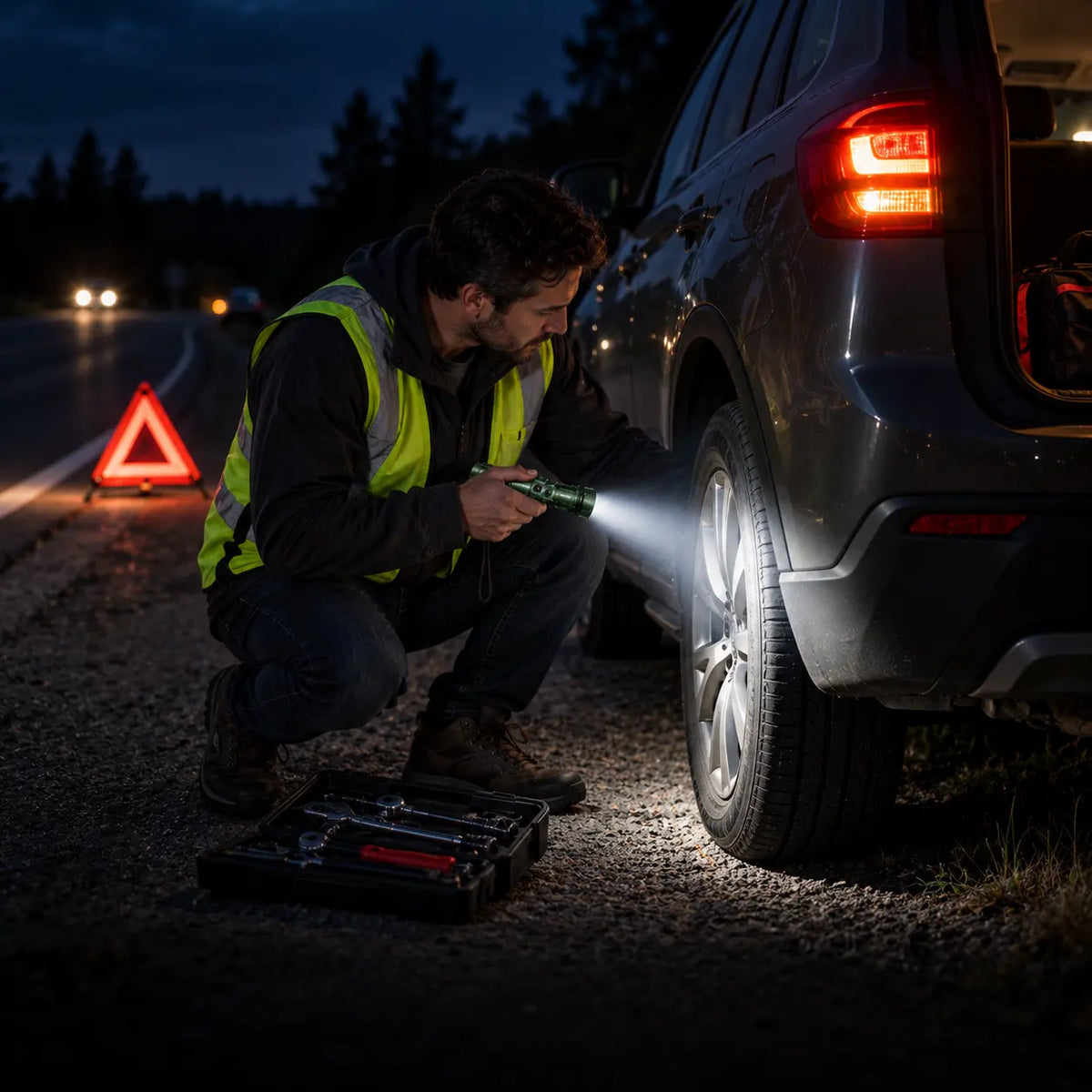 Driver using a SkyFire 1376 flashlight to inspect a vehicle tire during a roadside stop at night