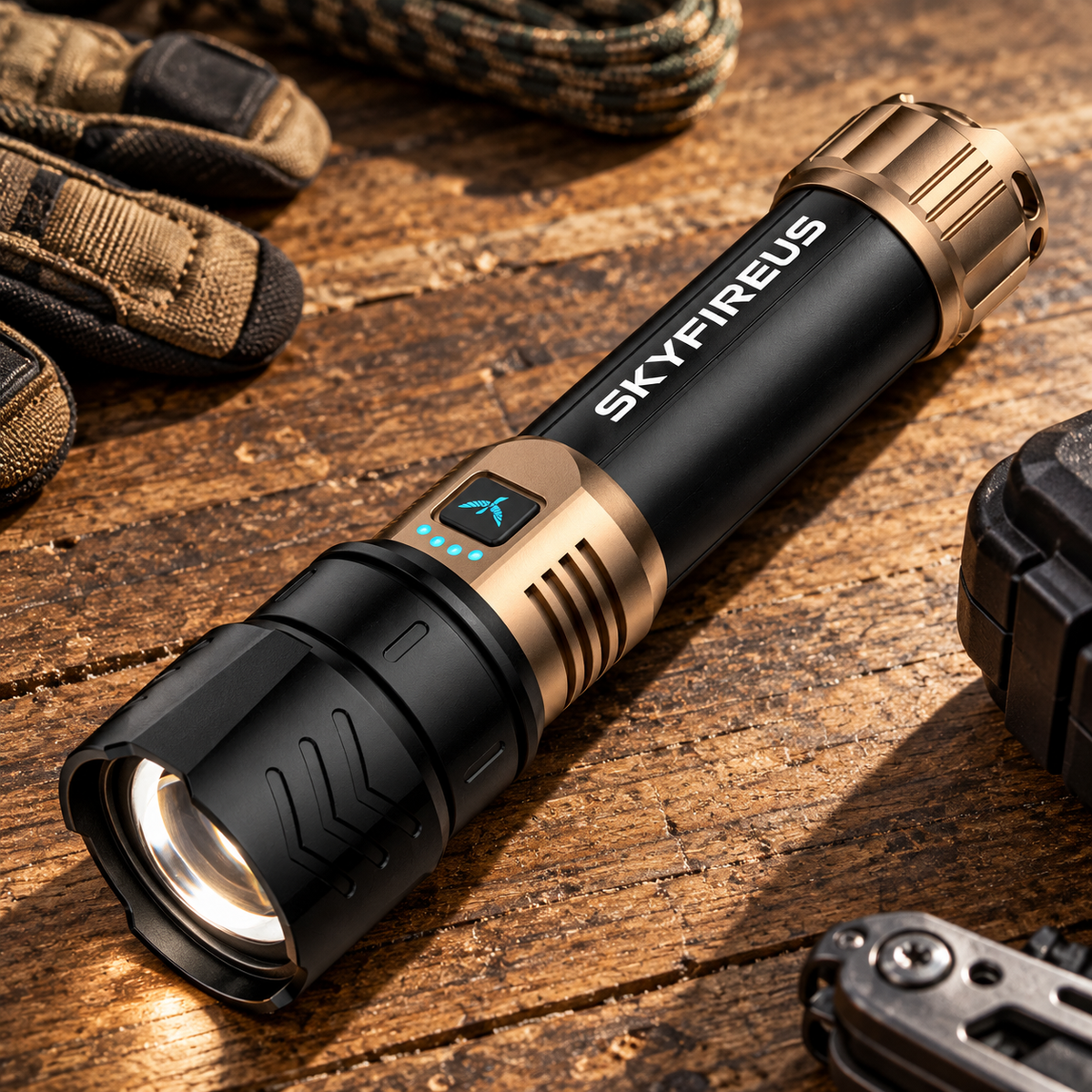 Close-up of the SkyFire 1097 aluminum flashlight body and grip