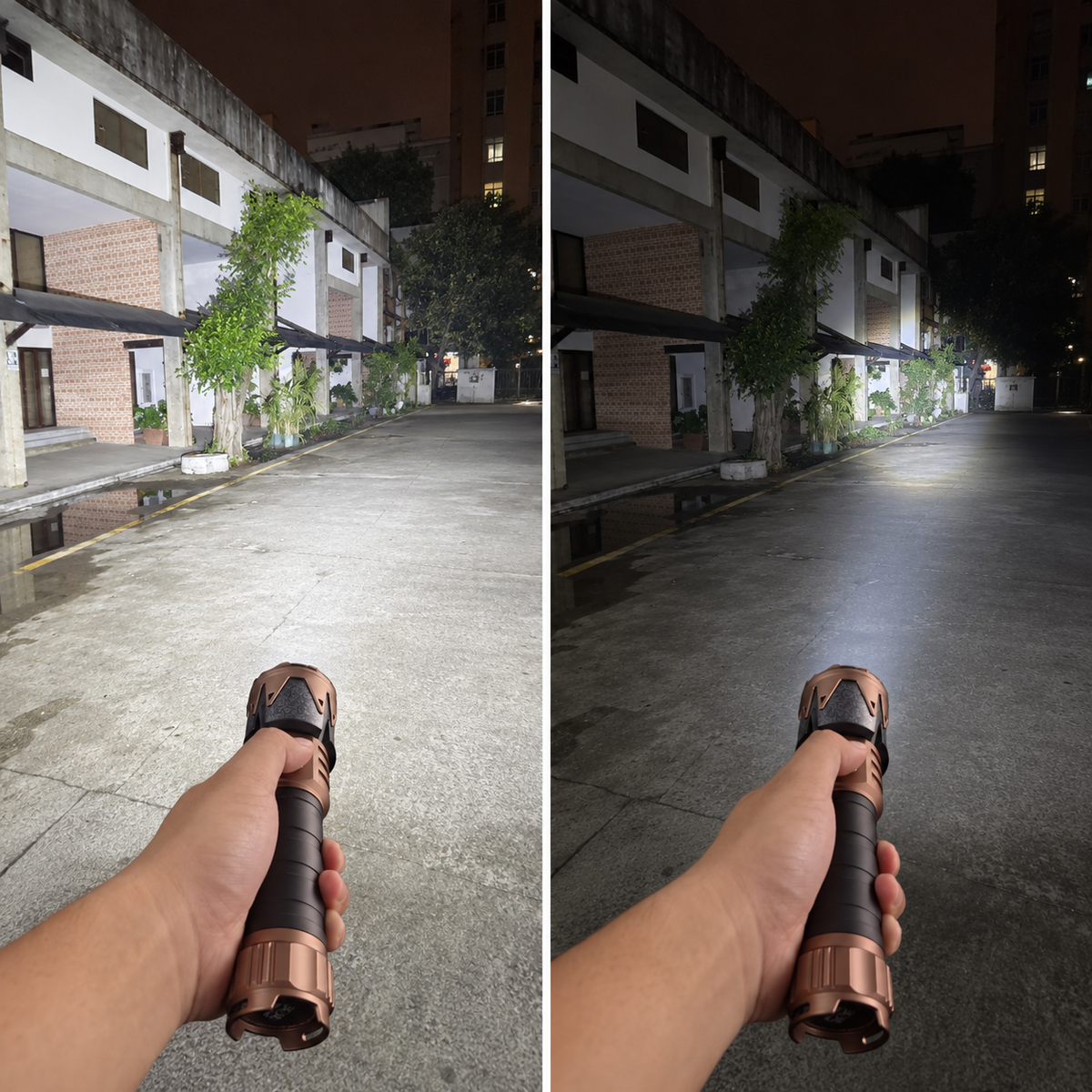 Wide and focused beams from a SkyFire 2000J shown in the same backyard
