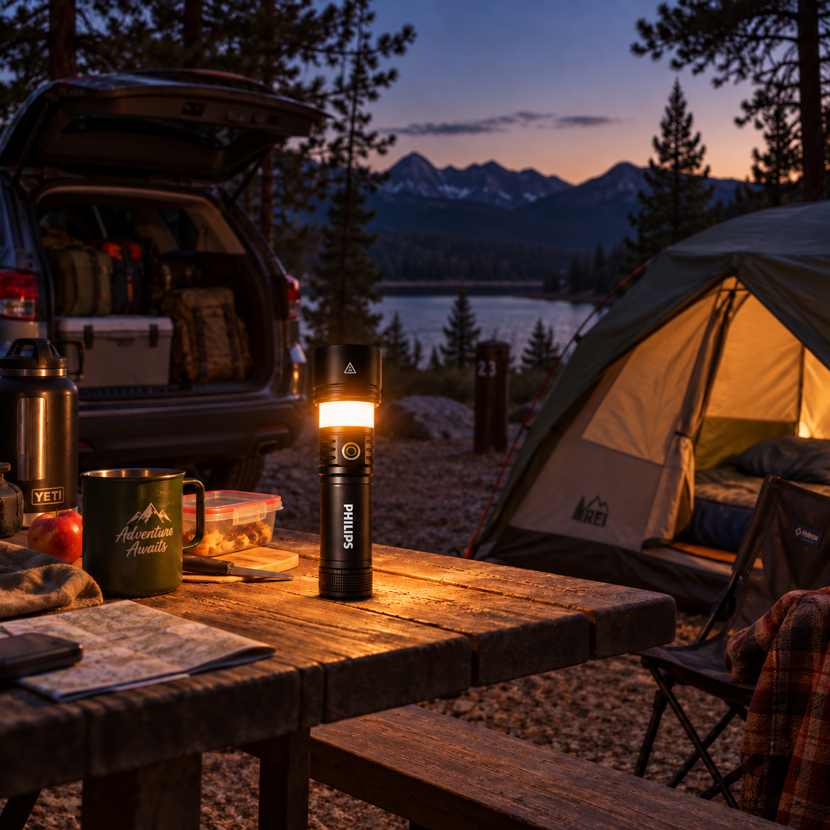 SkyFire 5158 camping light on a picnic table beside a tent at dusk
