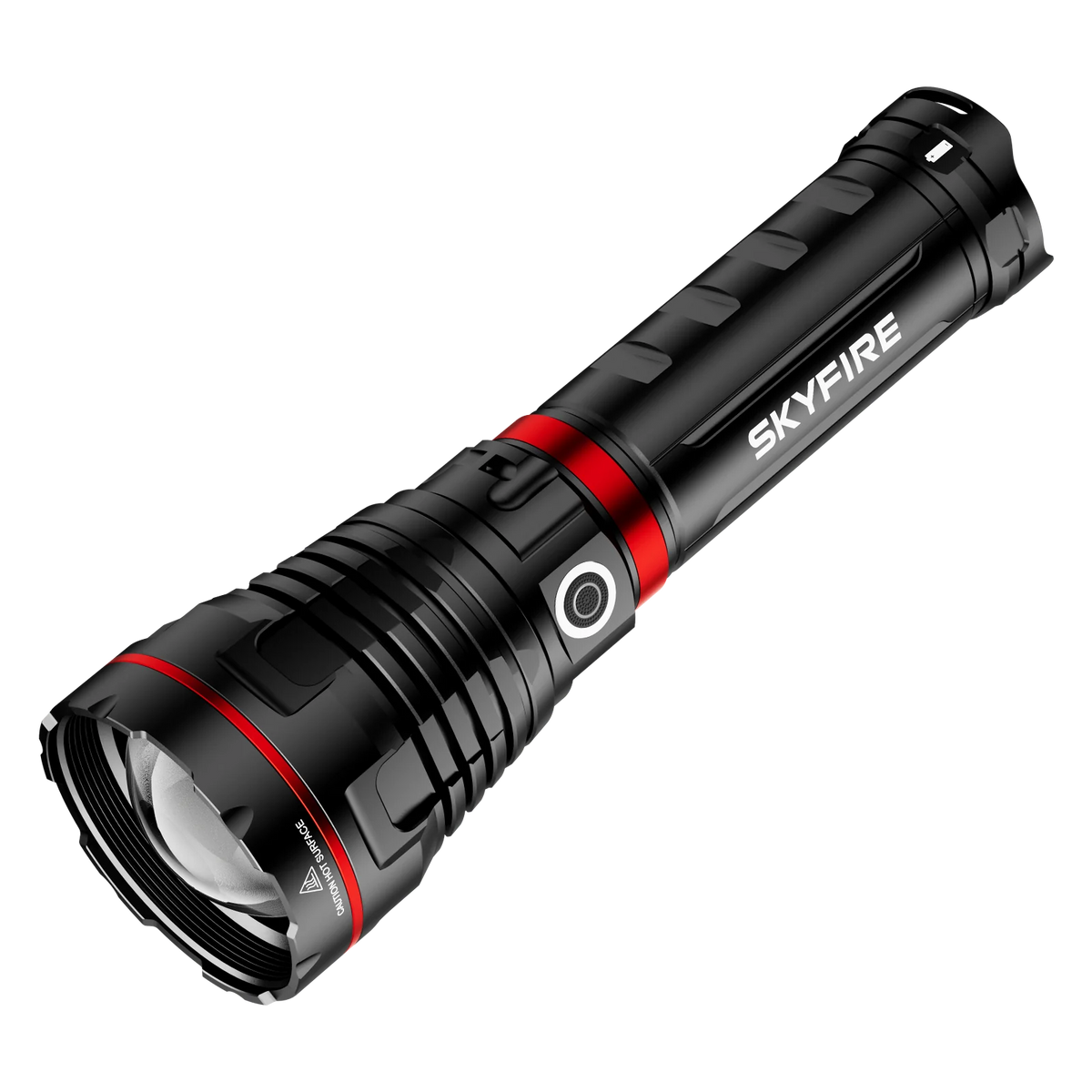 SKYFIRE 1209 Pro black flashlight with red accents and side power button #version_1209Pro
