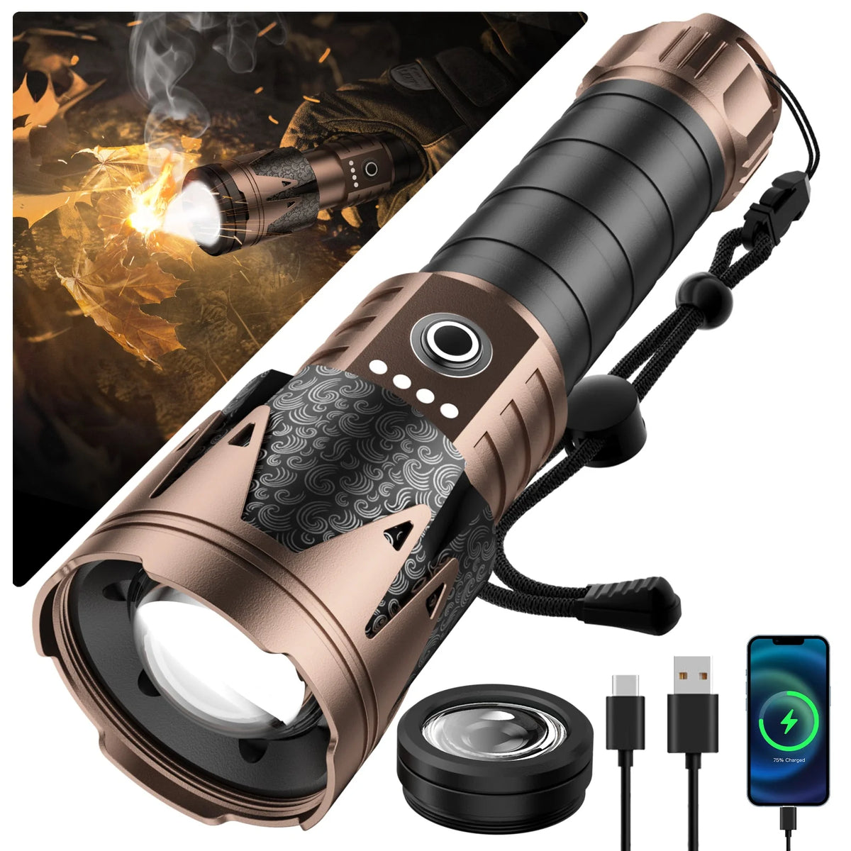 SKYFIRE 2000J flashlight kit with battery and charging accessories