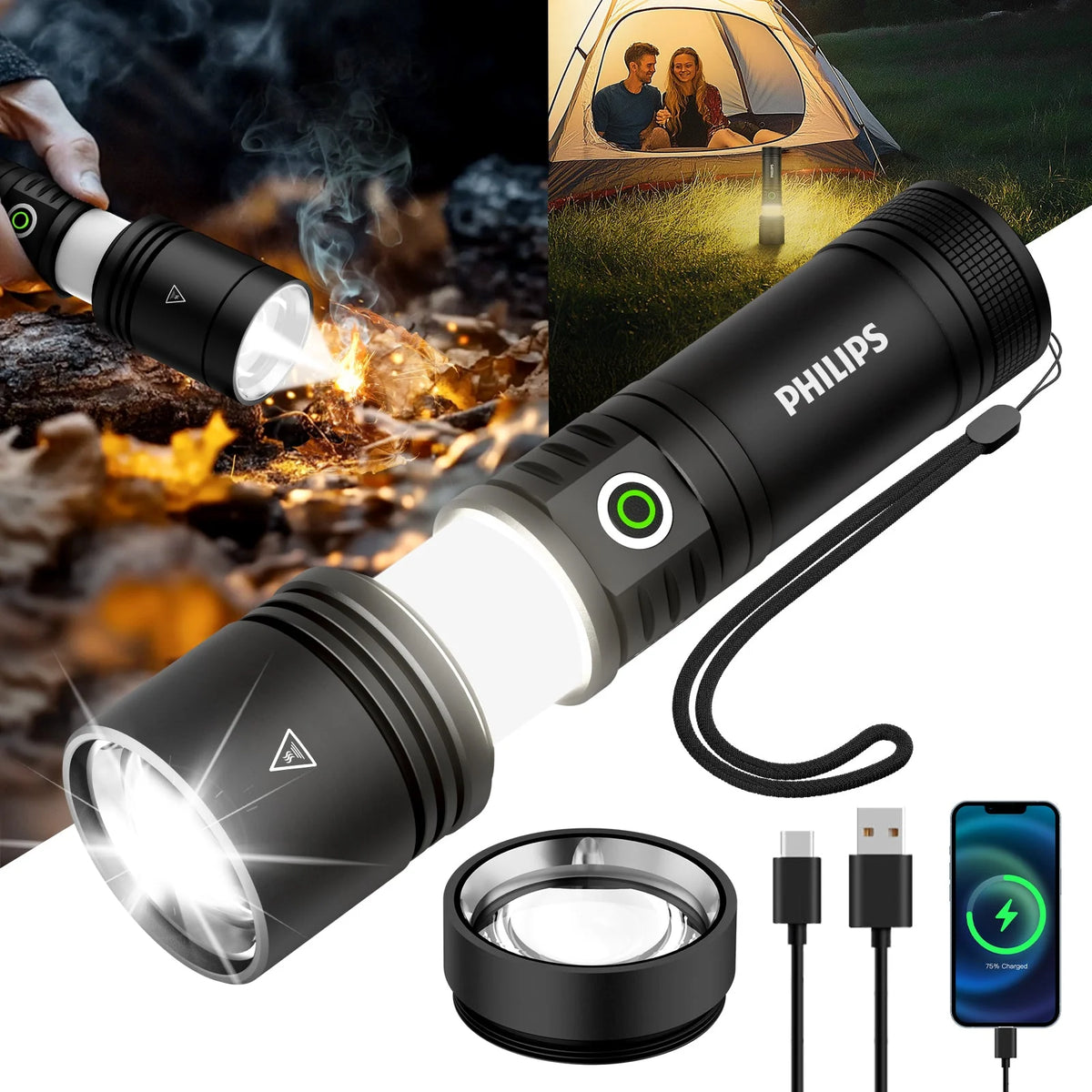 SKYFIRE X PHILIPS 5158 Rechargeable Flashlight with Camping Light
