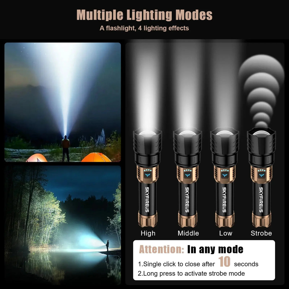 SkyFire 1097 flashlight shown with wide and focused beam patterns for outdoor lighting