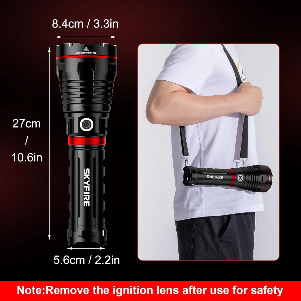 SKYFIRE 1209 Pro flashlight dimensions and handheld size comparison