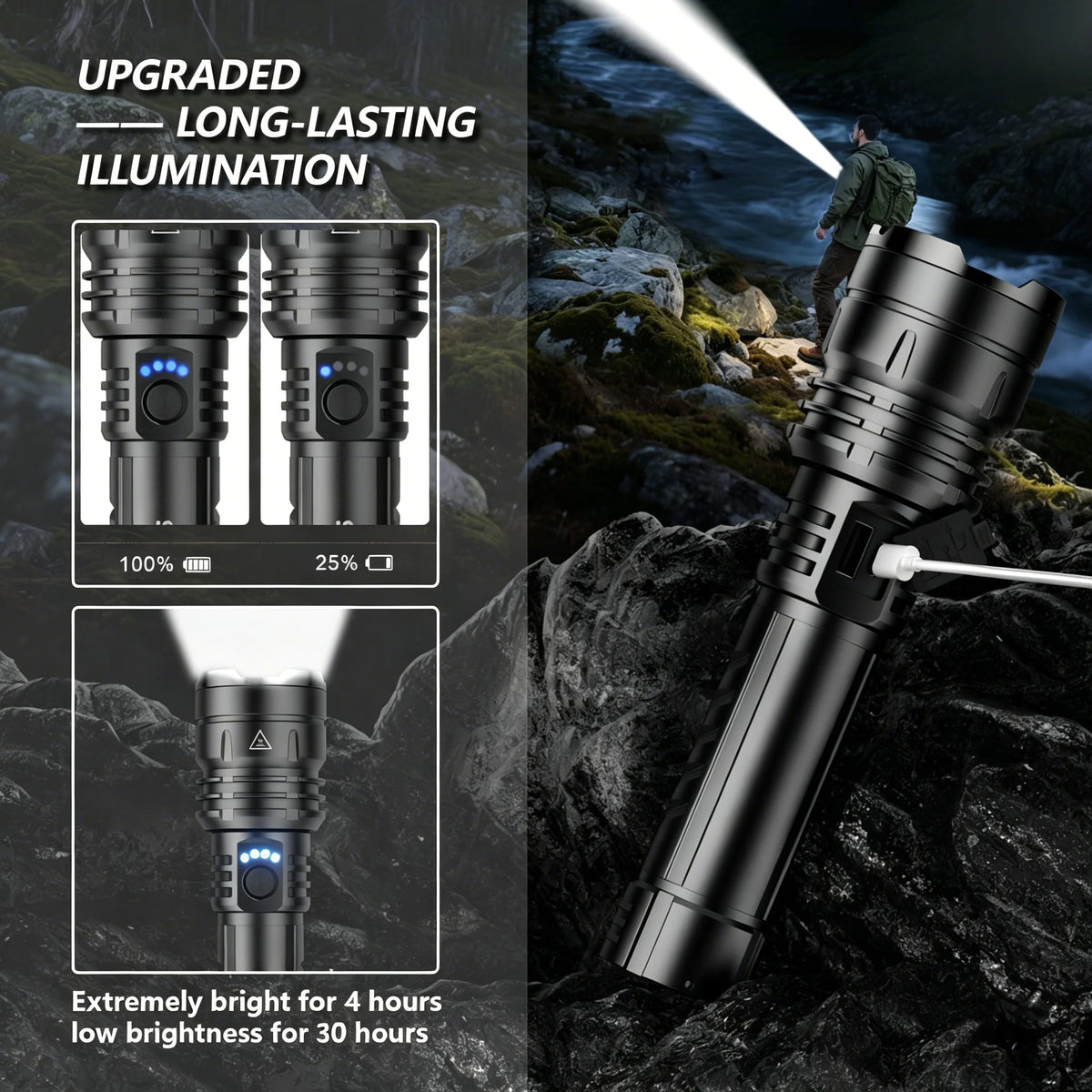 SkyFire 1376 flashlight showing its removable battery compartment and charging connection
