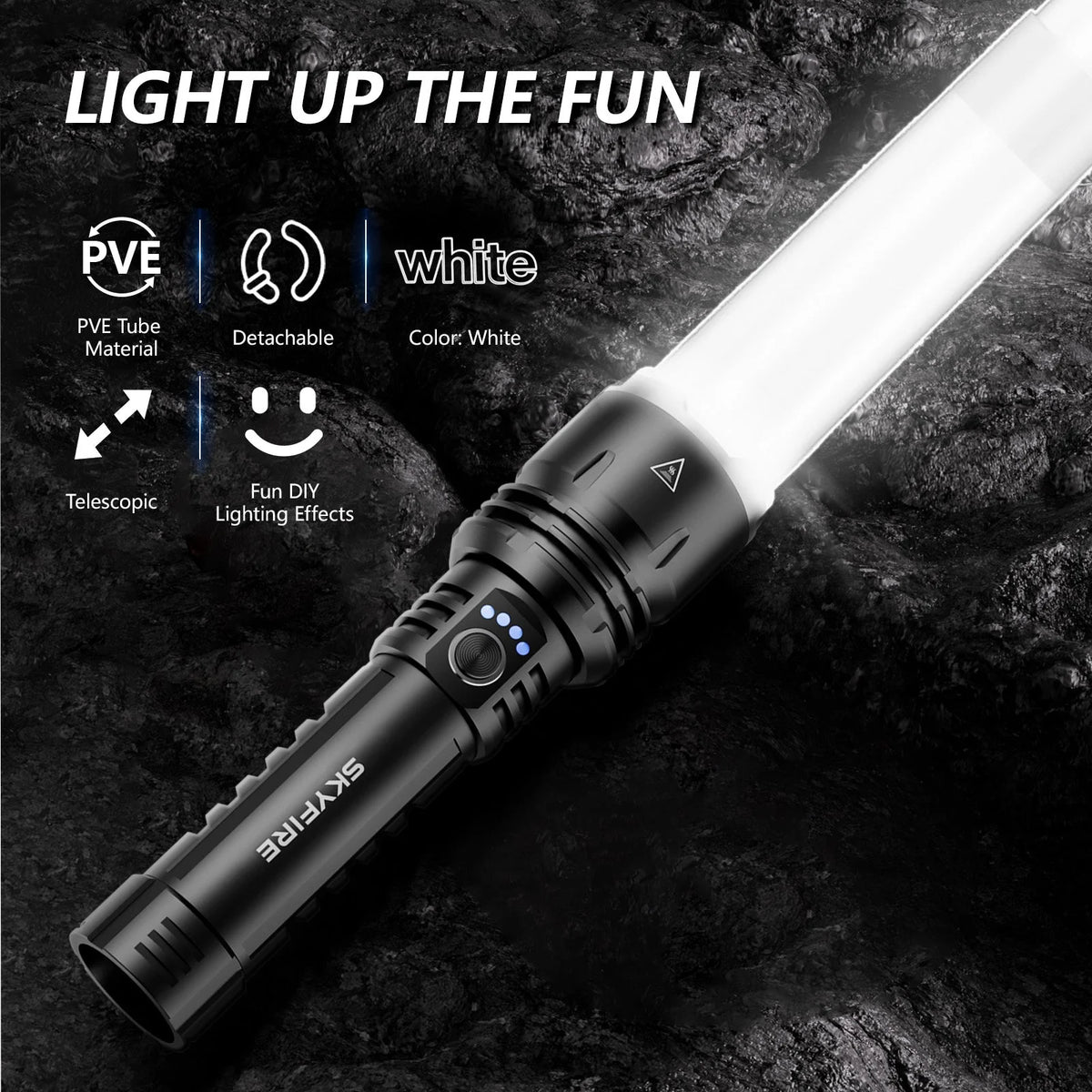 Black SkyFire 1376 flashlight fitted with a white light wand attachment #Bundle_Battery + Light Saber