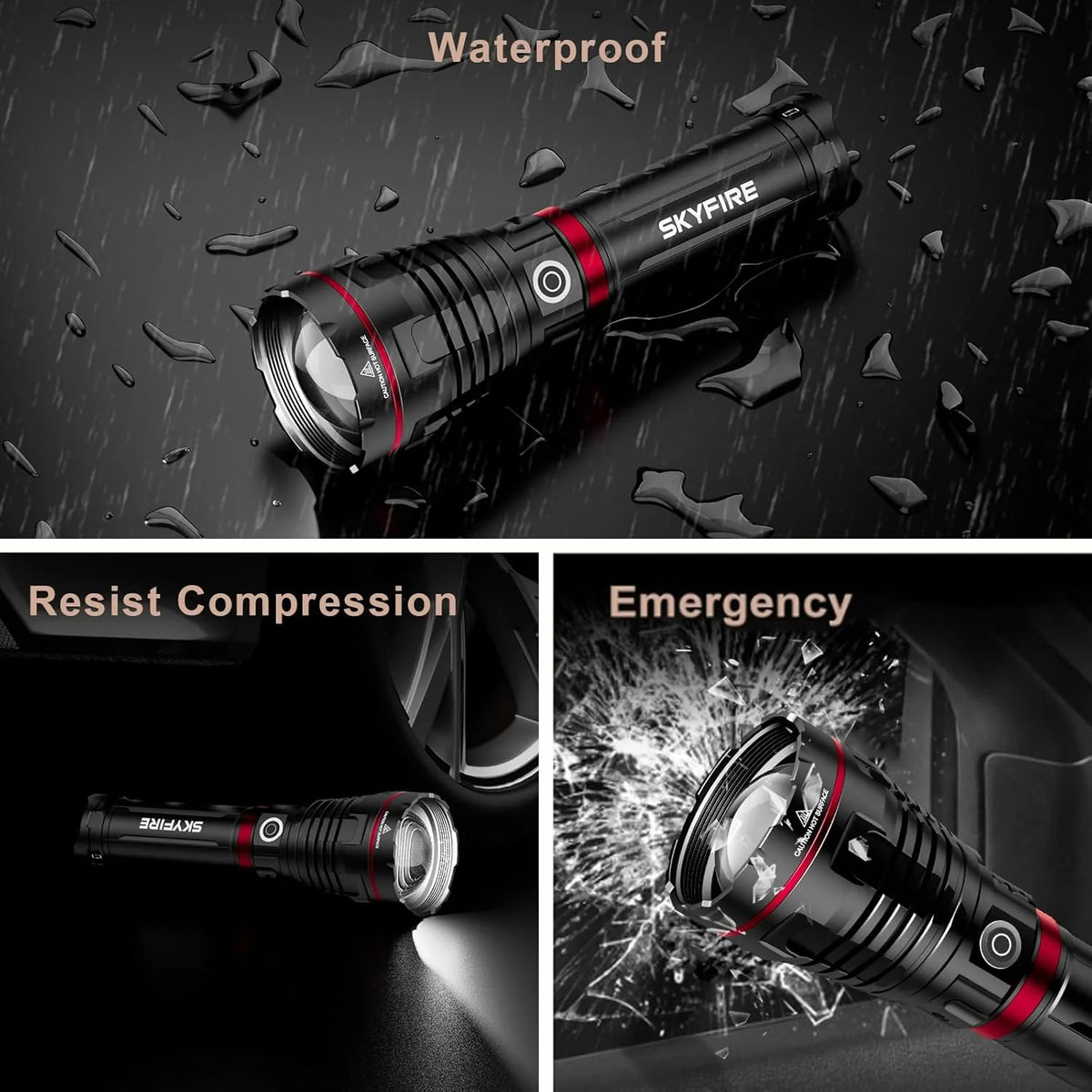 SkyFire 1209 Pro flashlight durability and emergency-use feature illustrations 