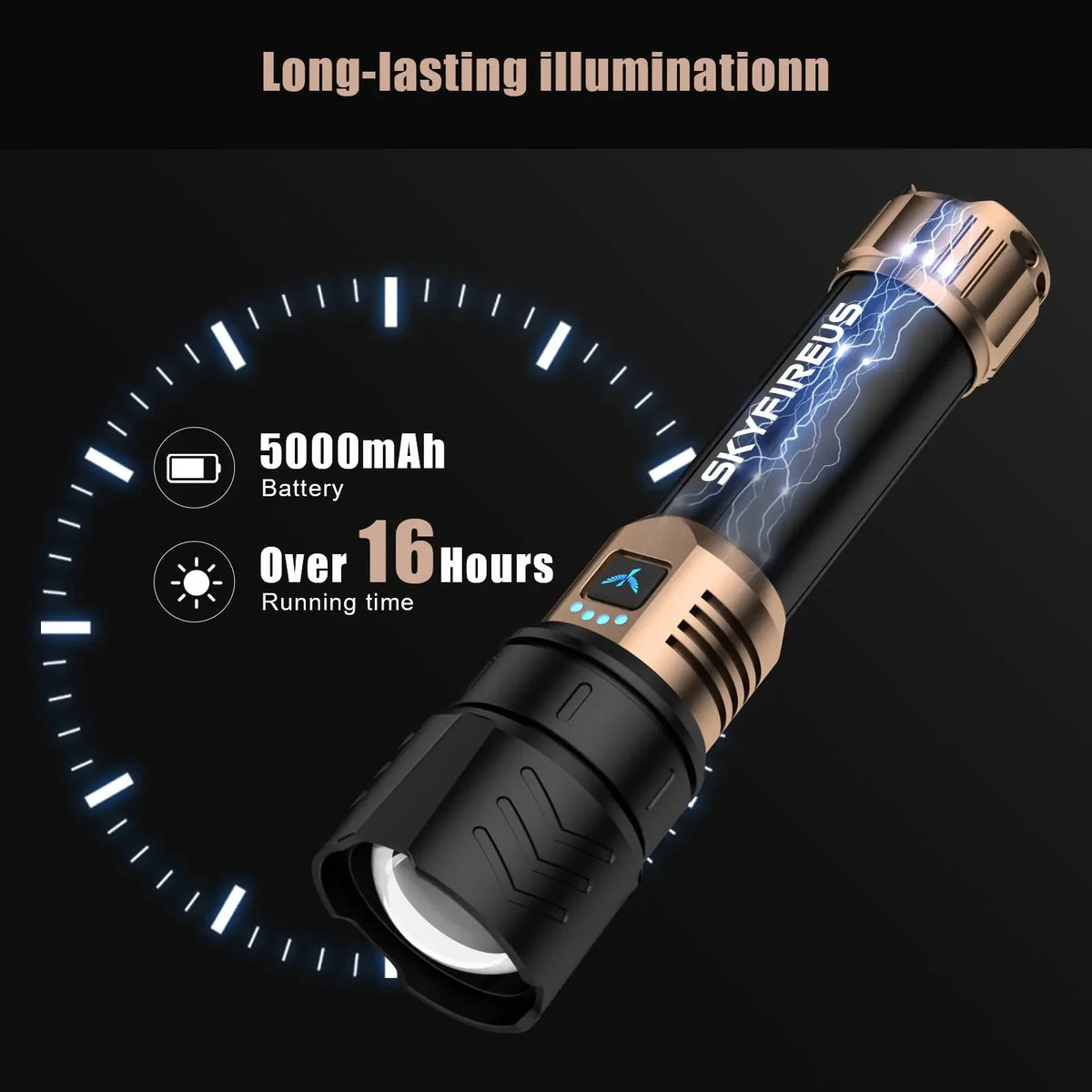 SkyFire 1097 rechargeable flashlight battery capacity and runtime feature graphic