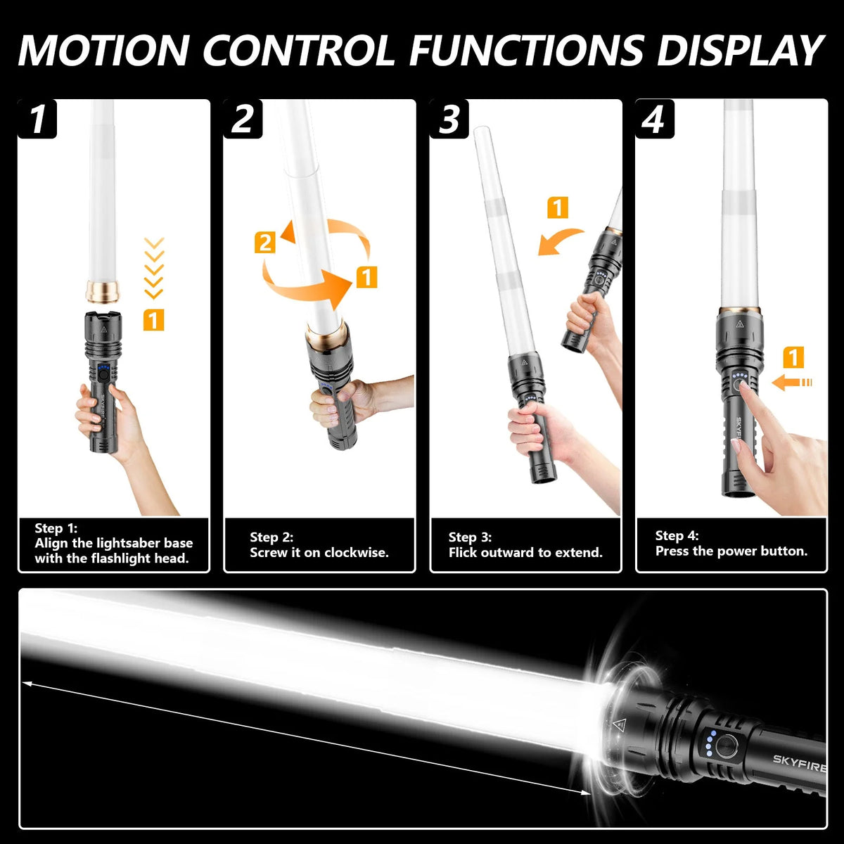 Illustrated steps for attaching and operating the SkyFire 1376 light wand accessory #Bundle_Battery + Light Saber