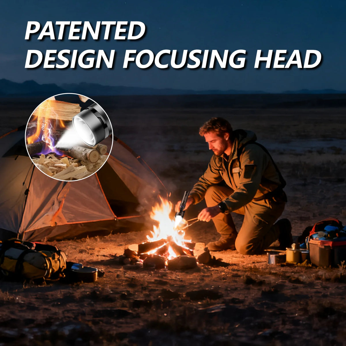 SkyFire 1376 focusing lens shown with an outdoor campfire scene