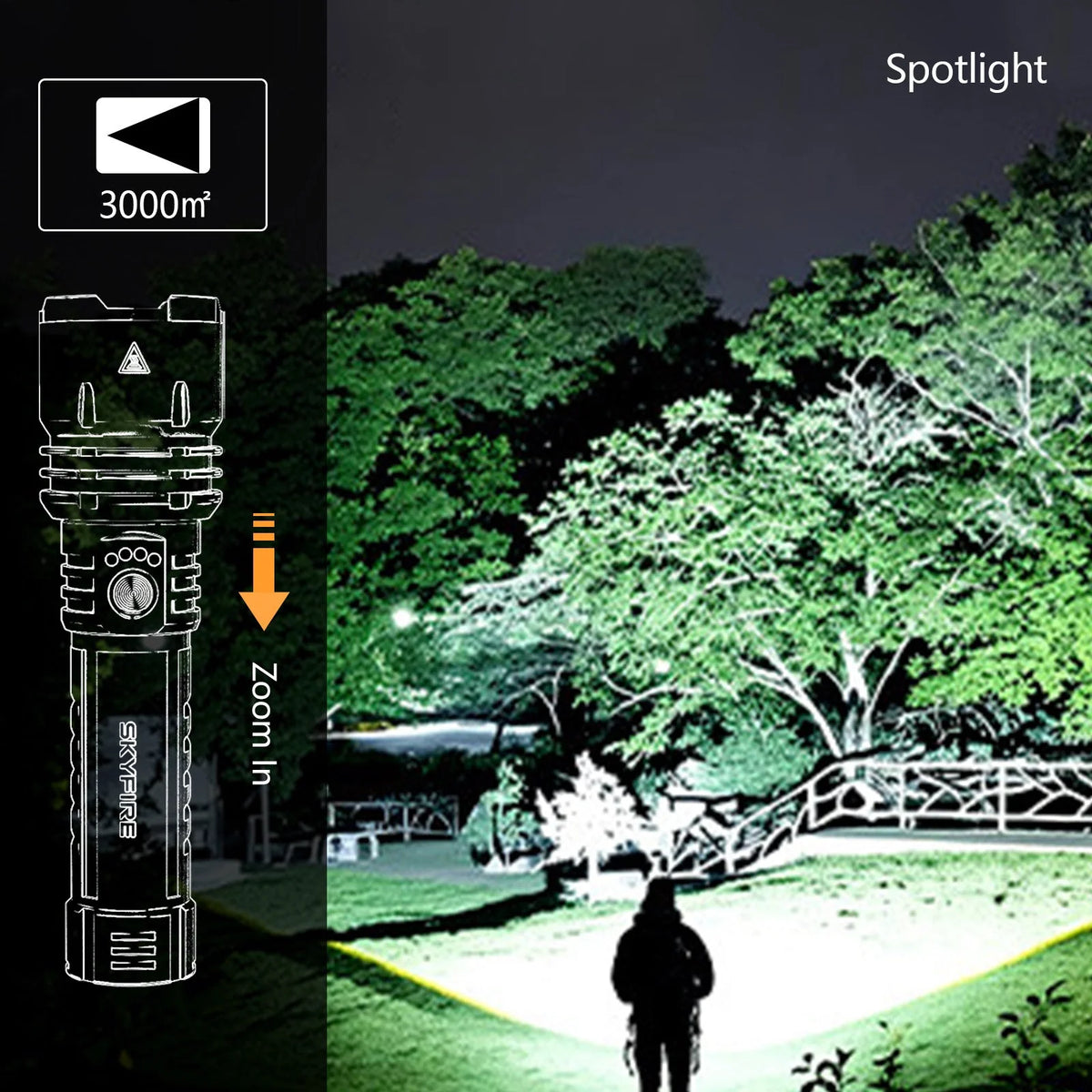 SkyFire 1376 adjustable-focus flashlight projecting a concentrated spotlight onto distant trees