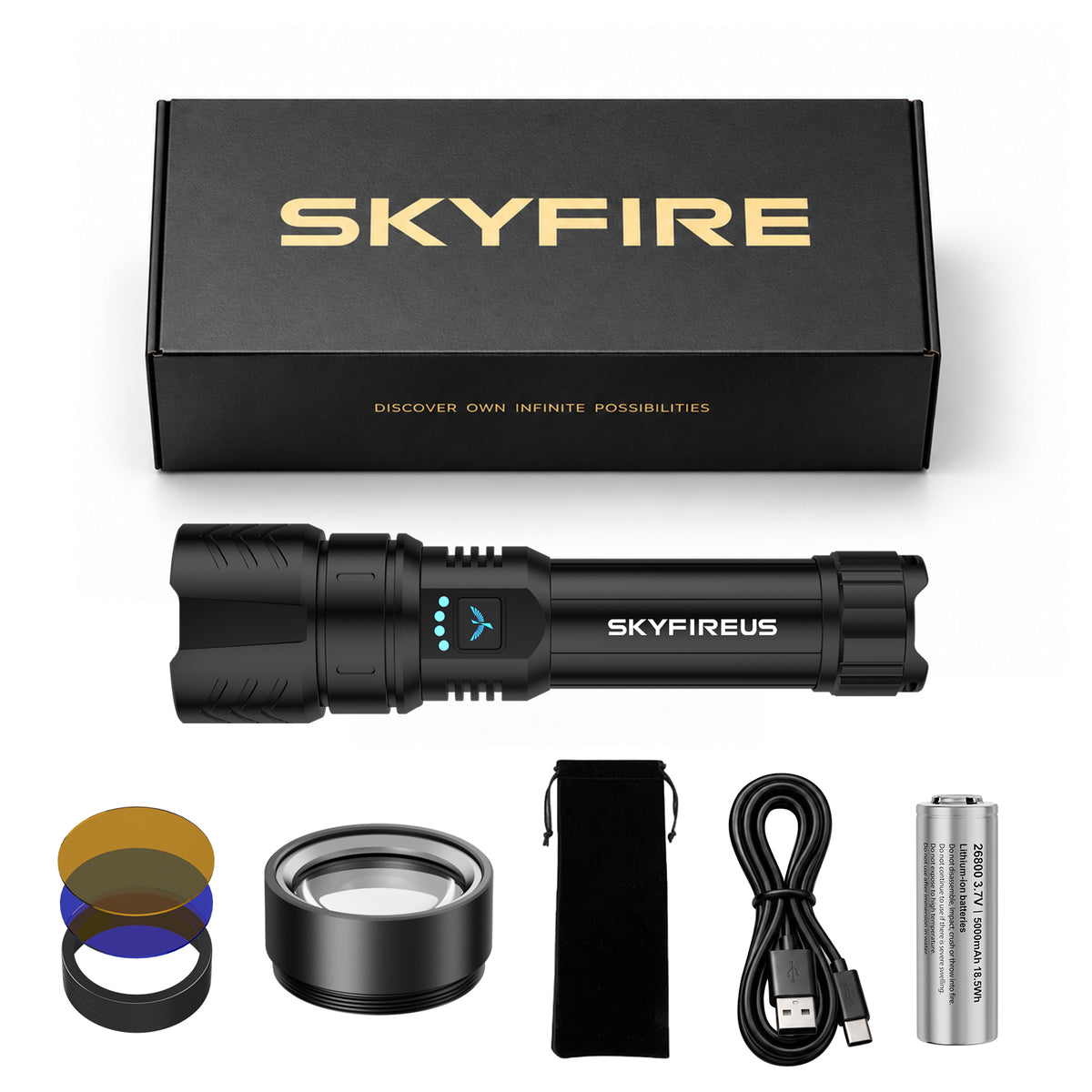 Black SkyFire 1097 rechargeable flashlight on a white background#Color_Black