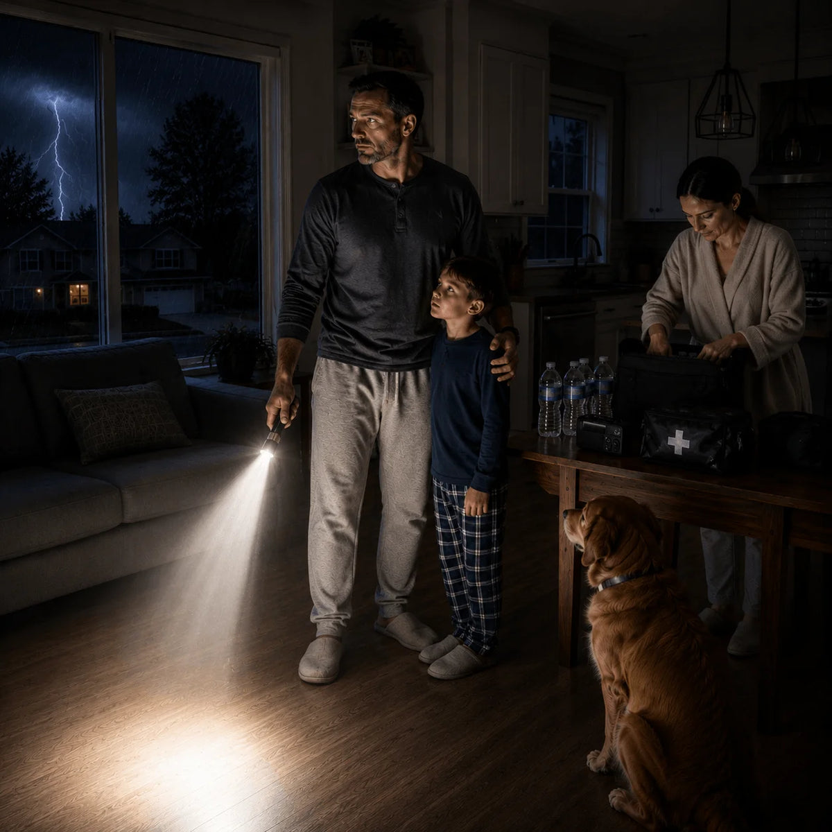 Family using a SkyFire 1097 flashlight to move safely through their home during a power outage