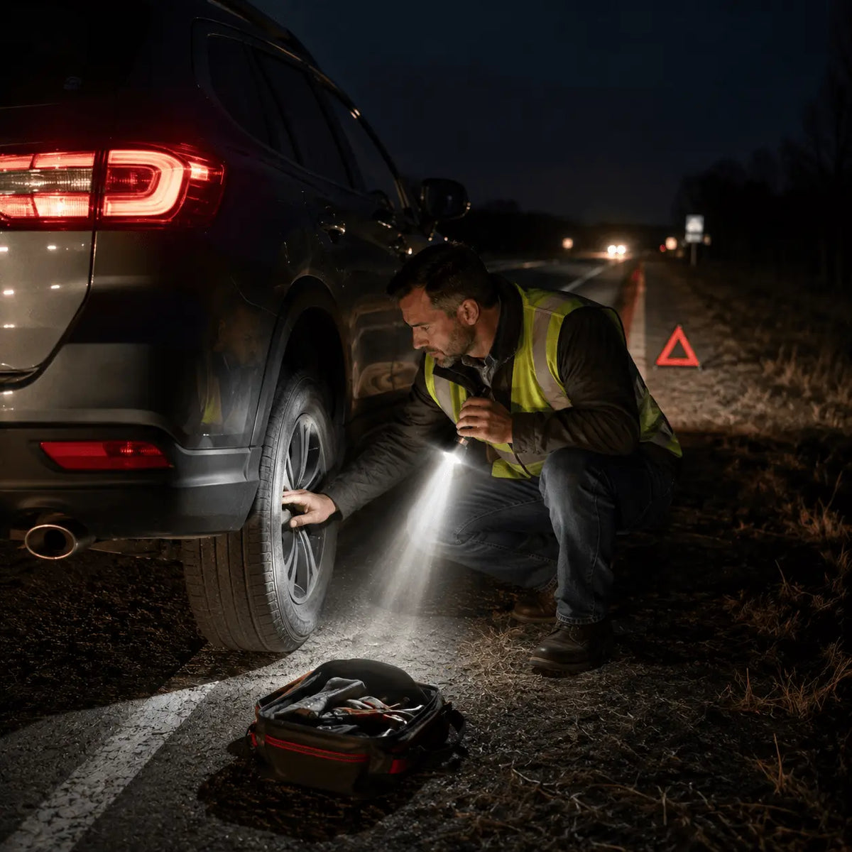 Man in a reflective vest using a SkyFire 1097 flashlight to inspect an SUV tire on a roadside at night