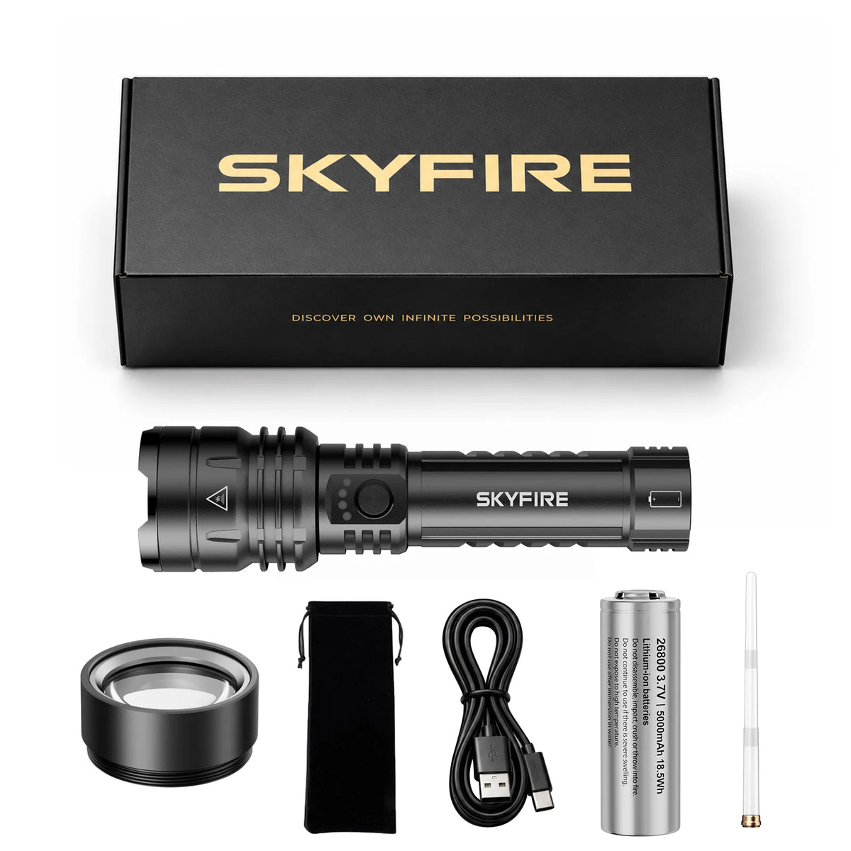 SkyFire 1376 flashlight with charging cable, focusing lens and phone charging illustration#Bundle_Battery + Light Saber