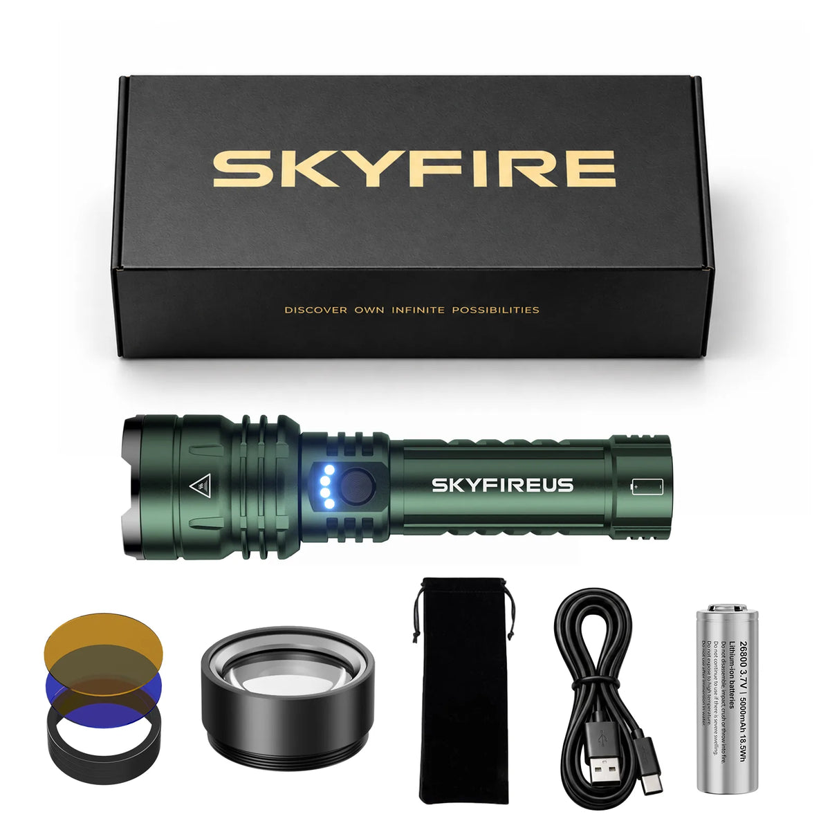 SkyFire 1376 flashlight with charging cable, focusing lens and phone charging illustration#Bundle_Single Battery