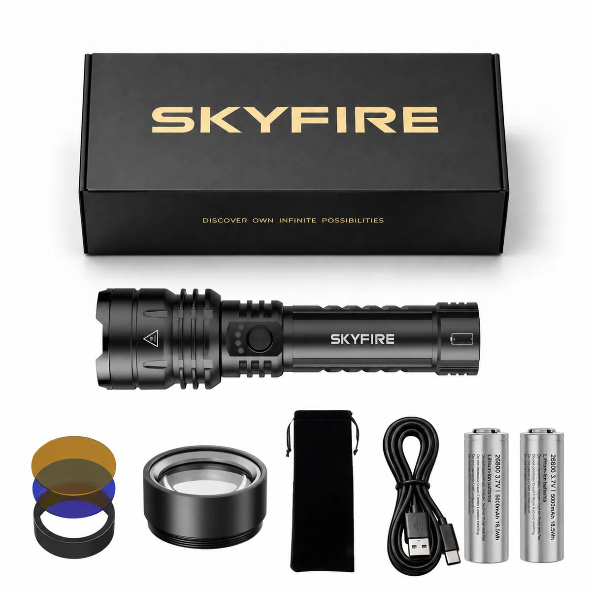 SkyFire 1376 flashlight with charging cable, focusing lens and phone charging illustration#Bundle_Dual Battery