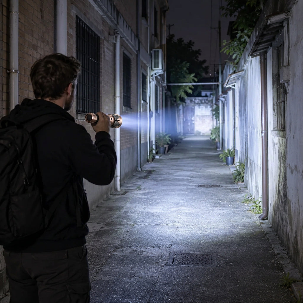 Man using the 2000J flashlight outdoors at night