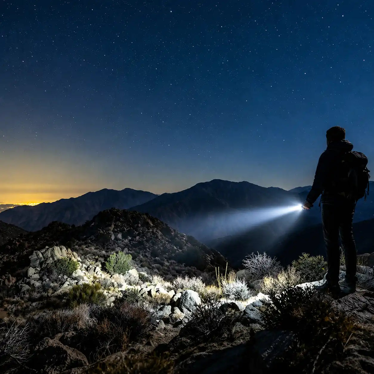 2000J flashlight illuminating a mountain trail at night