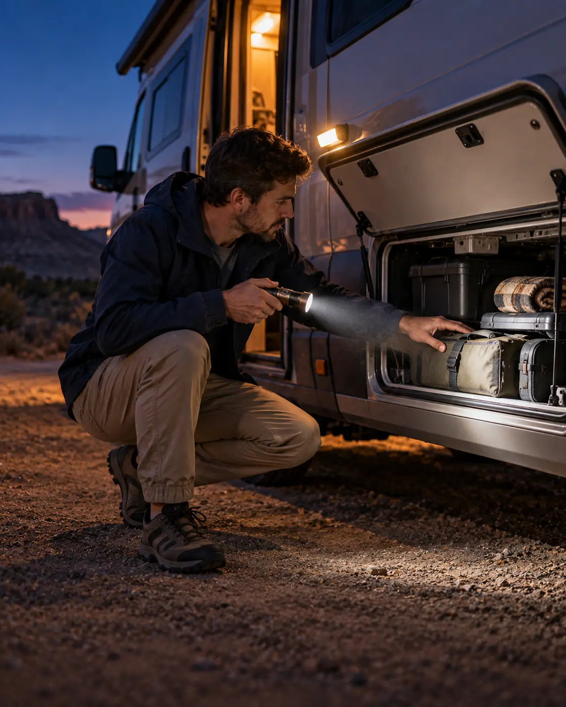Light exterior storage compartments and locate gear beside your safely parked RV.