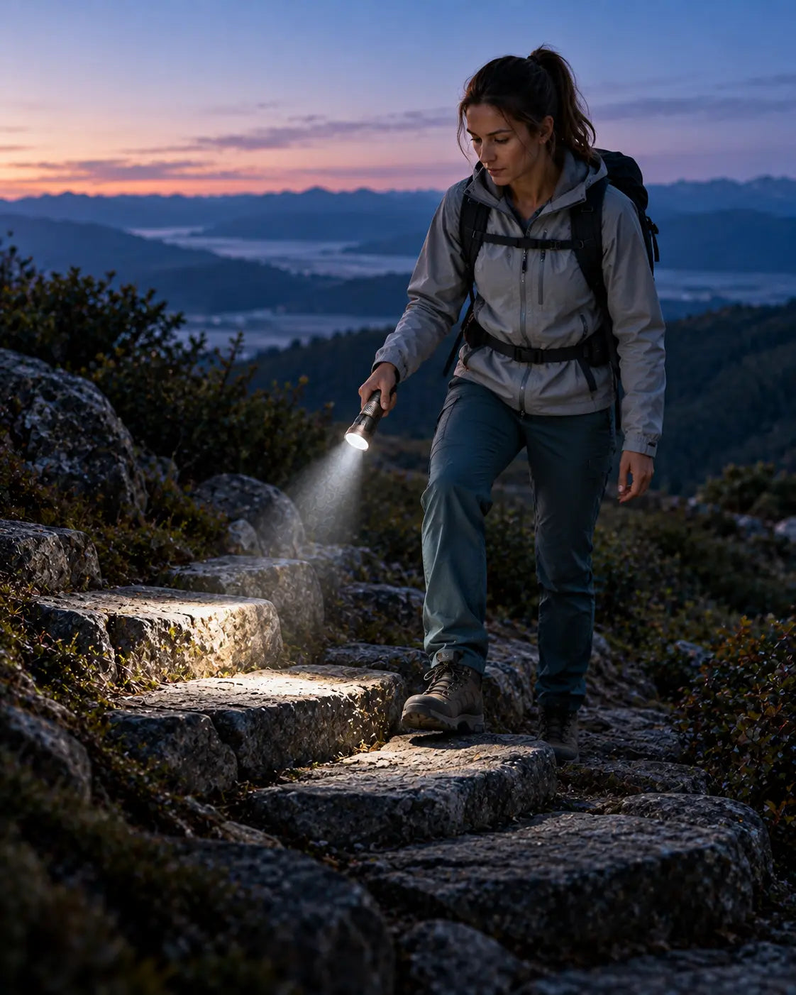Woman hiking with the 2000J flashlight at dusk