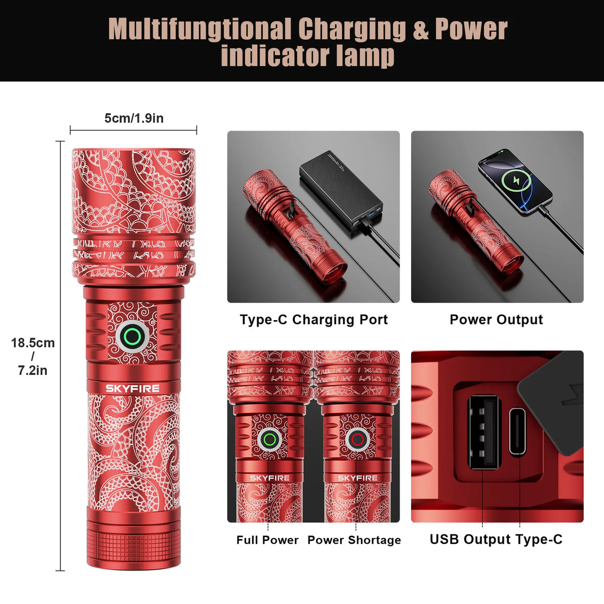 SkyFire SF-2015 Rechargeable Long-Range Flashlight with Camping Light