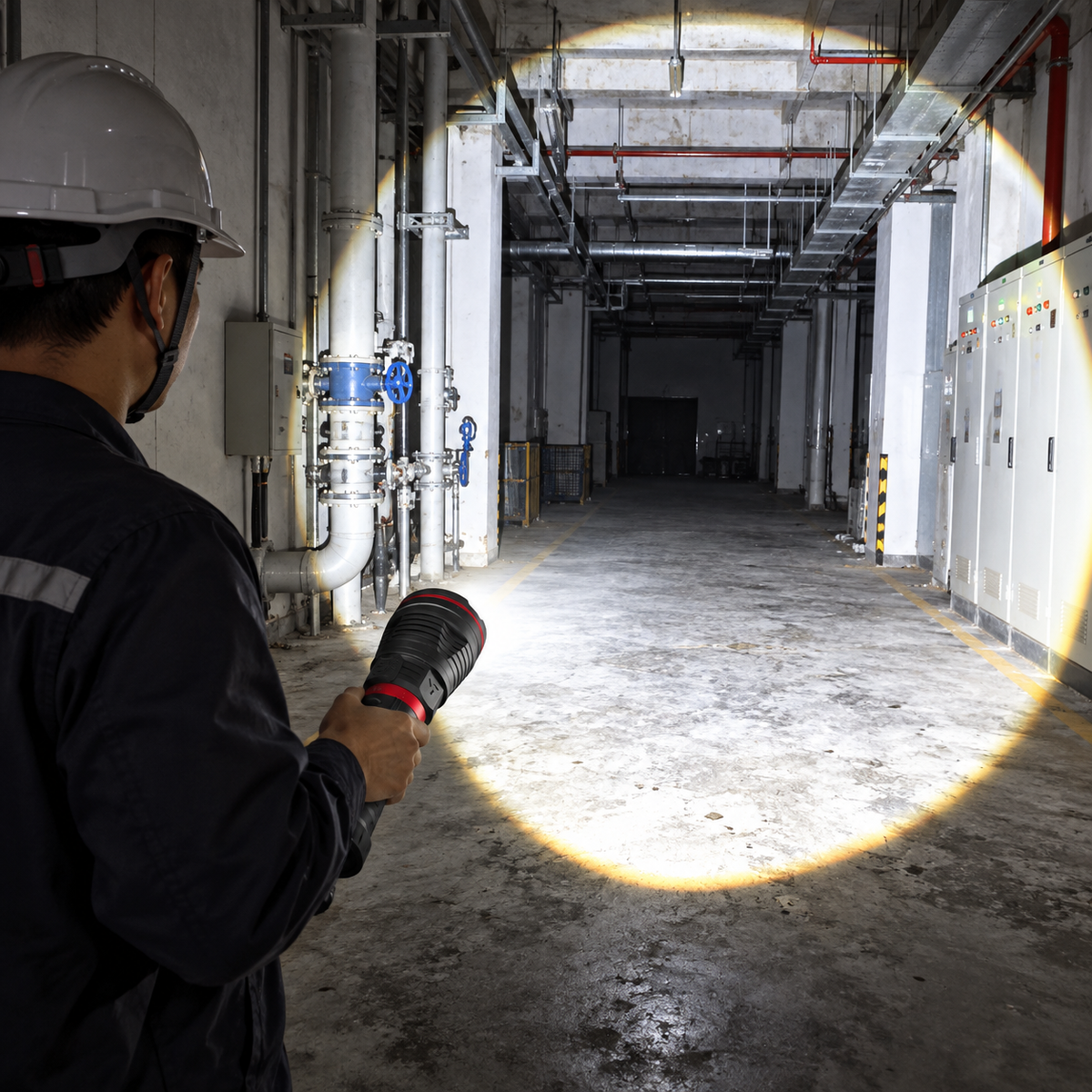 Man using the 1209pro flashlight outdoors at night