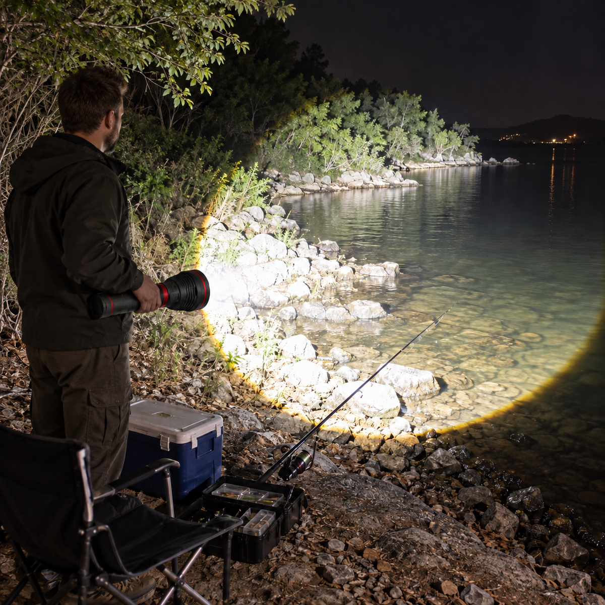 Man using a powerful flashlight to illuminate a rocky lakeshore at night.