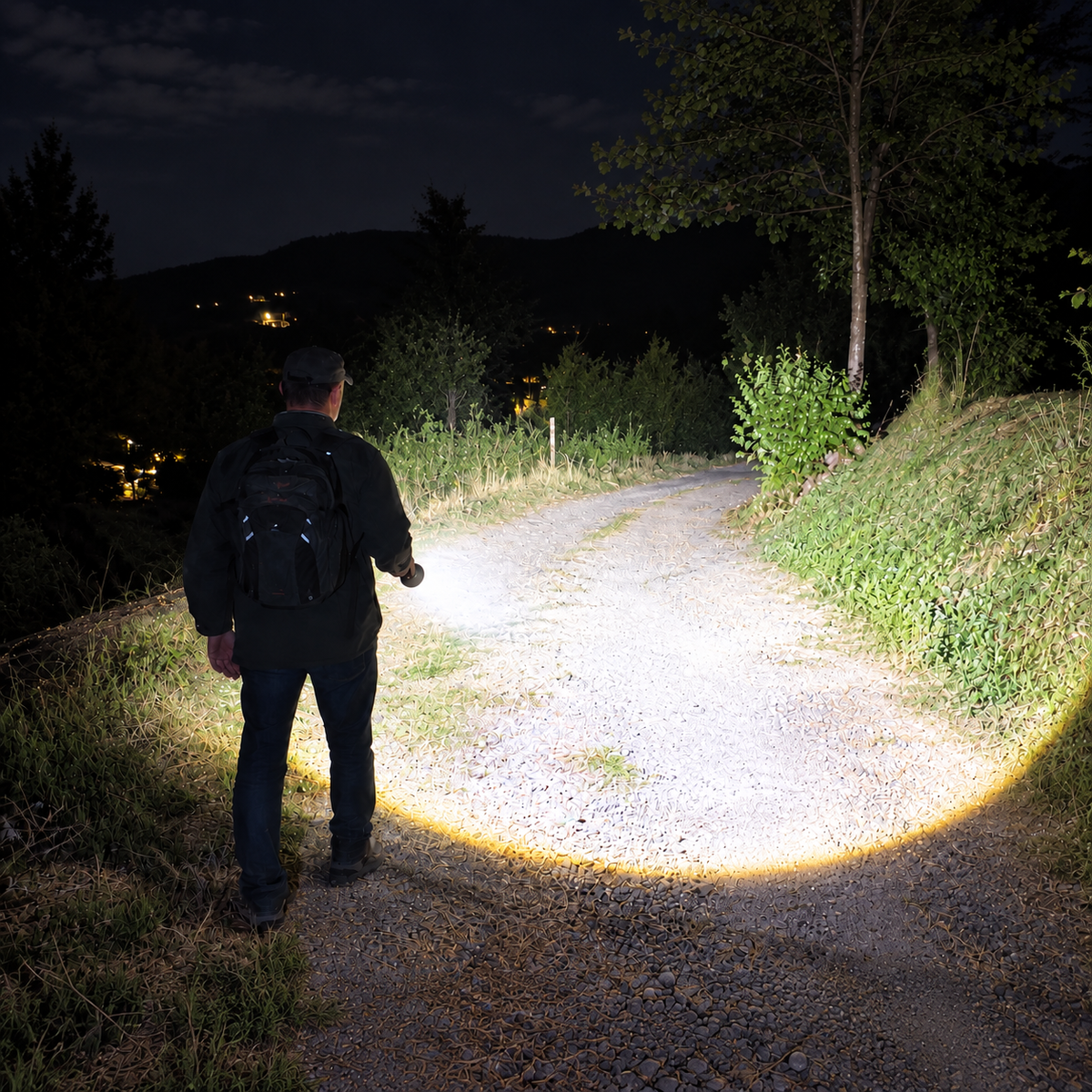 Man using a flashlight to illuminate a rural path at night