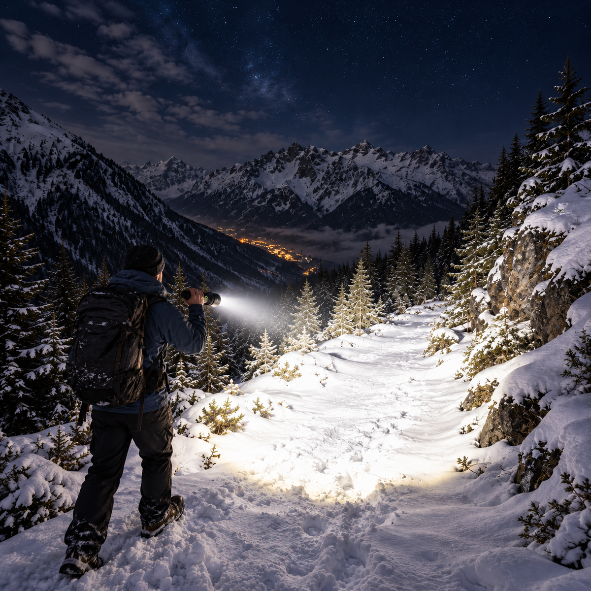 Hiker using a flashlight on a snowy mountain trail before sunrise