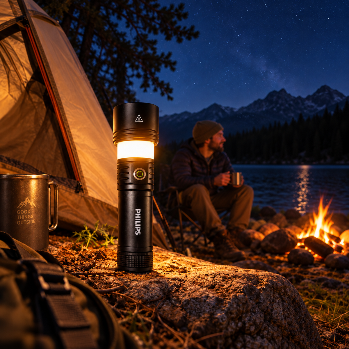Camping lantern lighting a lakeside campsite beside a tent at night
