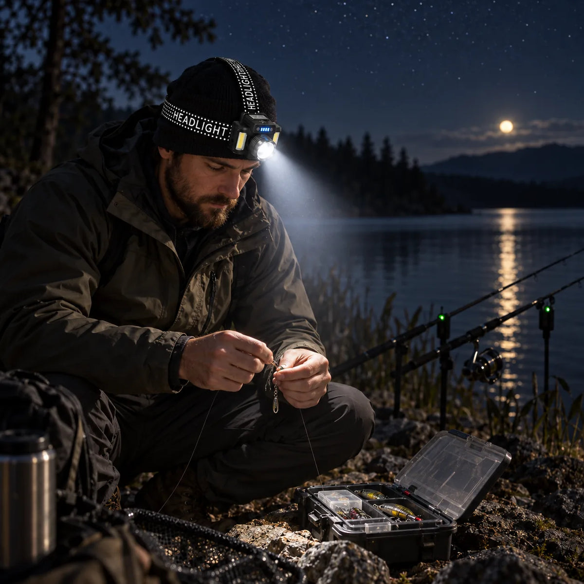 Angler using the SKYFIRE 546 headlamp while preparing fishing tackle beside a lake at night.