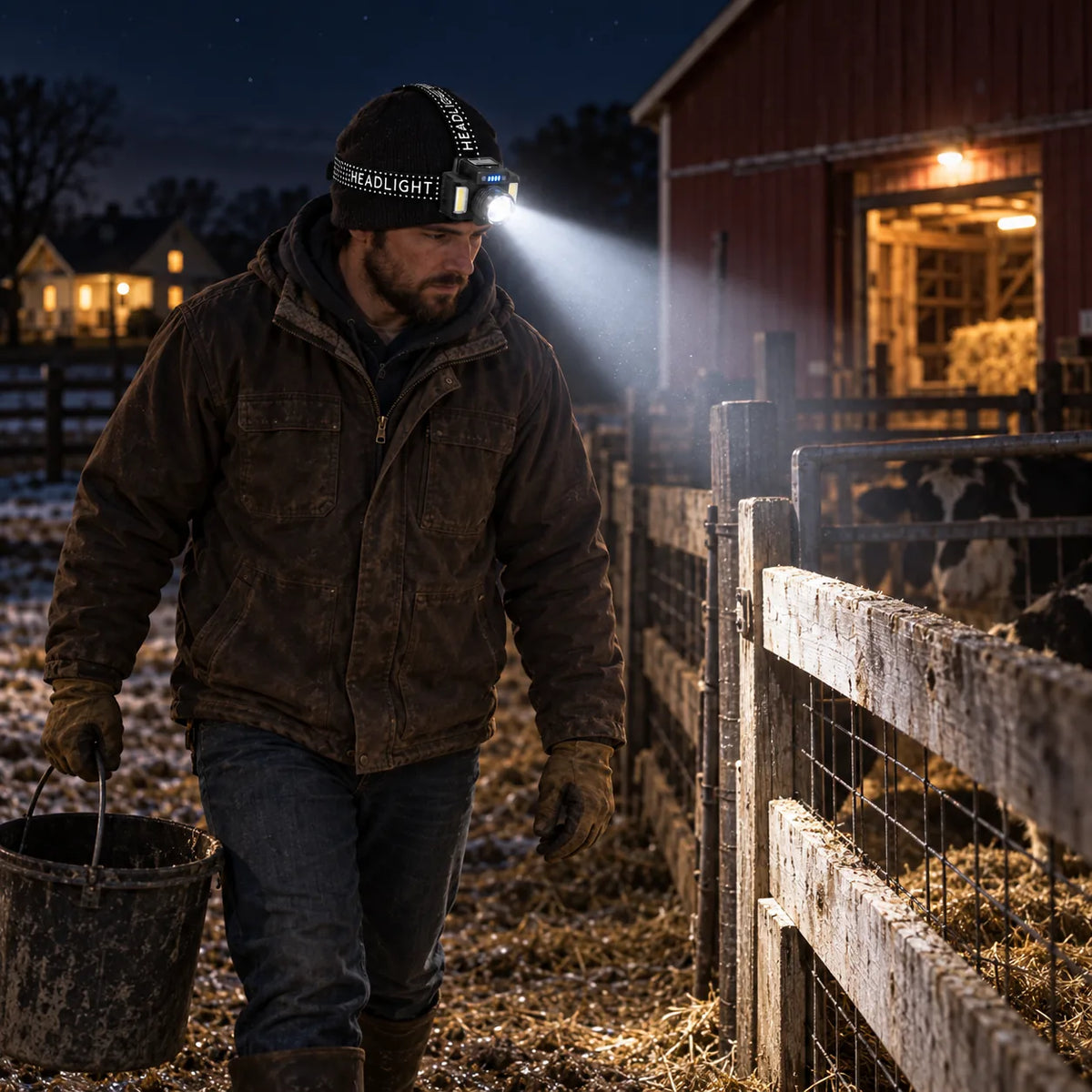 Man wearing the SKYFIRE 546 headlamp while carrying a bucket and checking livestock near a barn at night.